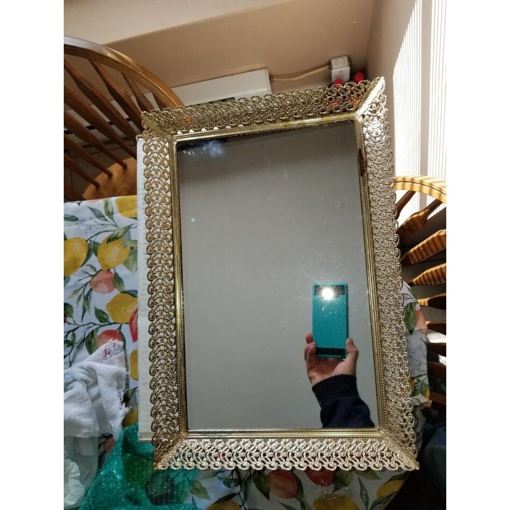 Vanity Dresser Mirror Tray with Filagree Gold Tone Metal Frame Vintage Rectangle - Picture 11 of 11